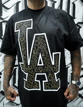 Load image into Gallery viewer, •L•A• HANDSTYLES- Black Tee White and Gold ink
