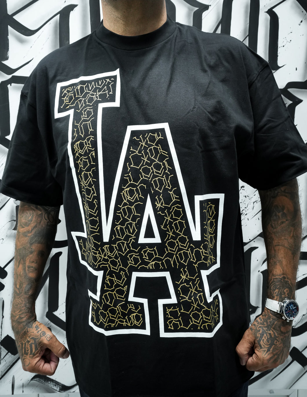 •L•A• HANDSTYLES- Black Tee White and Gold ink